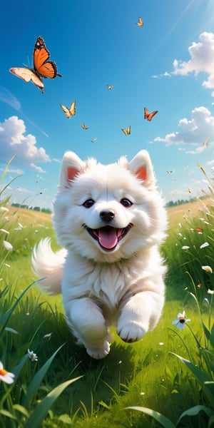 A panoramic image of a vast green meadow, with a fluffy white Samoyed puppy frolicking in the tall grass. The puppy playfully chases a swarm of butterflies, their colorful wings creating a mesmerizing blur against the blue summer sky.
