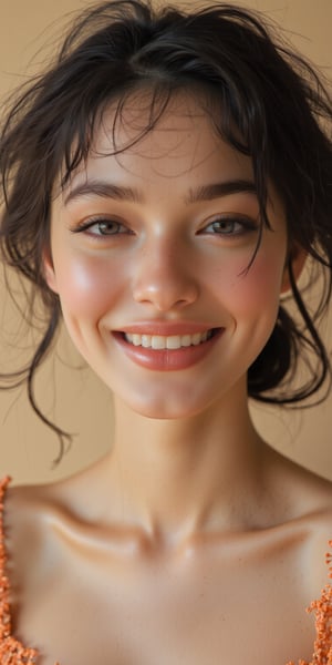 Close-up shot of a woman with simple beauty, wearing a soft smile, her natural skin tones glowing in the light, loose strands of hair framing her face, and a clean, minimalist background in soft beige.


