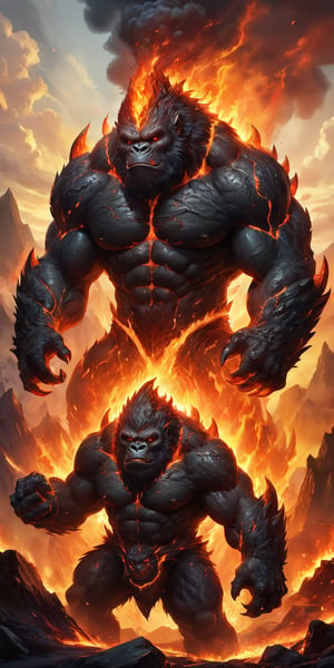 Infernal Behemoth A hulking creature with the body of a gorilla and the head of a dragon, with flames flickering from its nostrils and mouth. Its skin is charred and cracked, revealing molten lava beneath. Its massive hands end in claws that can crush rock. The scene is set in a volcanic landscape, with rivers of lava and erupting geysers.
