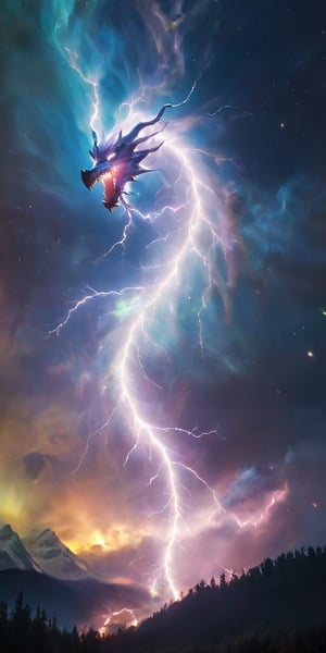 A dragon of pure energy, its body crackling with lightning-like tendrils of light that arc and twist around its sleek form. It flies through a field of shimmering auroras, its presence seemingly causing the lights to intensify, creating a stunning display of color and motion in the night sky.
