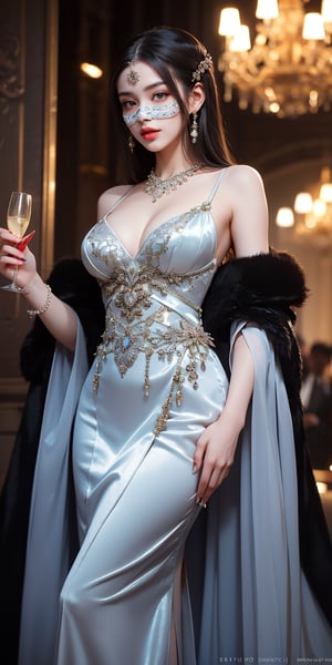  A woman with an air of intrigue, her identity hidden behind a jeweled mask, stands amidst a masked ball. Her opulent gown, crafted from velvet and adorned with pearls, reflects the opulent atmosphere of the event. The air is filled with whispers and laughter, the scent of perfume and champagne heavy, as she remains an enigmatic presence amidst the revelry.