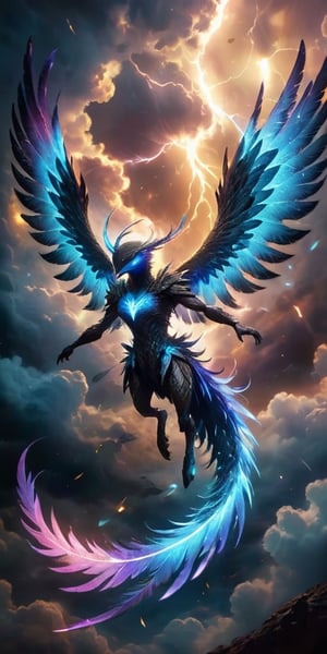  A pack of winged humanoids with shimmering feathers and razor-sharp talons soar through a celestial storm. Their forms crackle with electrical energy, and their eyes glow with an otherworldly power as they navigate the swirling clouds of gas and plasma.
