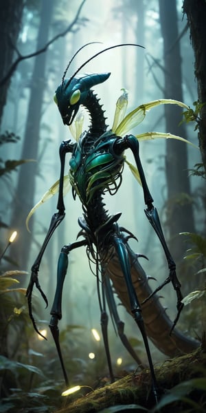 Lurking Fiend A spindly, insectoid creature with elongated limbs ending in sharp, blade-like claws. Its head resembles that of a praying mantis, but with multiple rows of needle-like teeth. Its exoskeleton is iridescent, shifting colors in the dim light. The scene is set in a dark, alien forest filled with glowing, bioluminescent plants.
