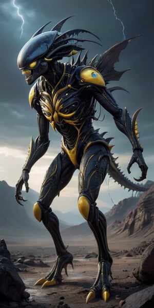 On a desolate, windswept alien landscape, a monstrous alien hybrid stalks its prey. Its body is covered in thick, leathery skin, with patches of armored plating providing additional protection. The creature moves on six powerful legs, each ending in razor-sharp claws that leave deep gouges in the rocky terrain. Its elongated head is adorned with multiple eyes that glow a menacing yellow, and its mouth is filled with rows of sharp, interlocking teeth. Along its back, a row of spiked ridges extends from its neck to its tail, which it uses to balance as it moves swiftly and silently. The alien sky is dark and stormy, with flashes of lightning illuminating the creature's terrifying form as it hunts, the wind carrying its low, guttural growls across the barren landscape.
