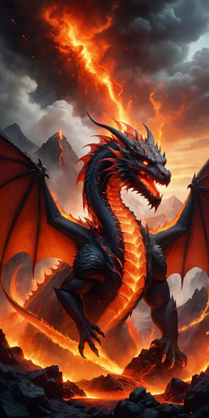 A fiery dragon with lava-red scales emerging from a volcano's mouth. The intense heat and molten rock accentuate its fierce beauty, while the smoke and ash create an aura of impending doom.
