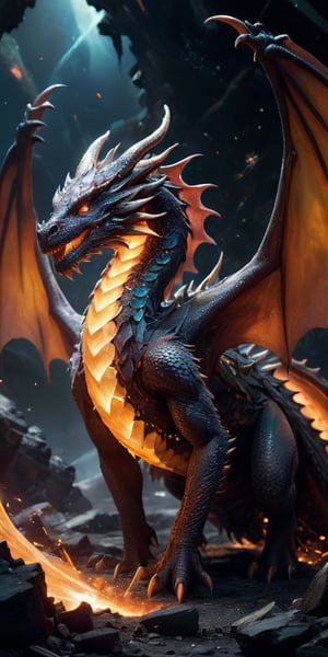  A majestic dragon with a body covered in scales that look like fragments of ancient, shattered planets, giving it a rugged, primordial appearance. Its wings are vast and segmented, each segment glowing with a soft, pulsing light. The dragon glides effortlessly through a field of cosmic debris, with the remains of destroyed worlds floating around it. In the distance, the light of a red giant star casts a warm, eerie glow over the scene, highlighting the dragon's ancient and powerful presence.
