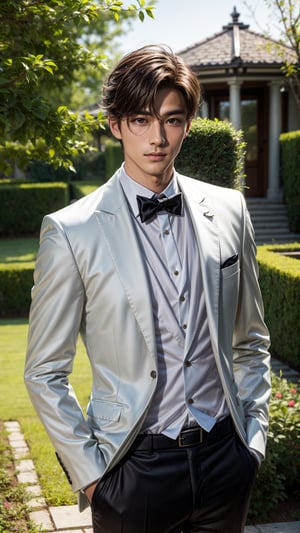 Male , (white formal shuit clothe), (formal hair style ), garden background 