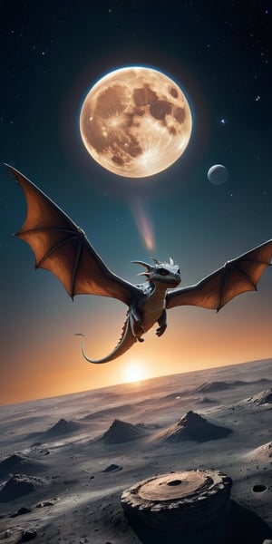 First Flight A baby dragon takes its first flight over a moon’s surface, with a magnificent gas giant dominating the sky. Its wings spread wide, catching the light from the planet’s rings, creating a majestic, awe-inspiring sight.