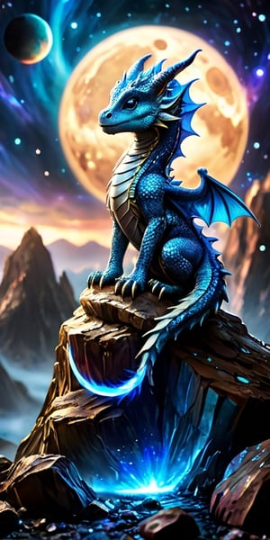 Celestial Guardians A baby dragon perches on a small asteroid, watching over a distant planet with an atmosphere filled with swirling auroras. Its scales are a deep, metallic blue, and its eyes reflect the planet's shimmering beauty.