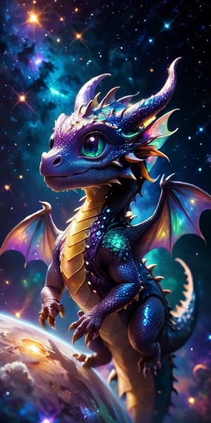 Floating Amongst the Stars A baby dragon with iridescent, cosmic-patterned scales drifts gracefully in the vacuum of space. Its eyes sparkle with stardust, and its tiny claws reach out toward a nearby planet's ring system, bathed in the light of a distant sun.