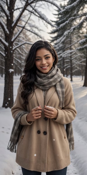 Frosted Wonderland A Black woman with a warm smile and a woolen scarf wrapped around her neck stands in a snow-covered forest. Sunlight glistens on the frost-laden trees, and a gentle snowfall creates a peaceful and serene atmosphere.
 
