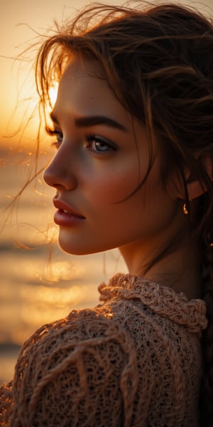 A close-up of a woman with natural grace, her face turned slightly to the side, her features highlighted by soft, warm light, and her hair softly braided, set against a blurred sunset scene.


