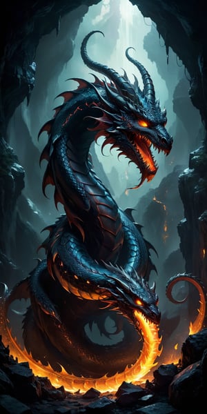 Dread Serpent A massive serpent with the scales of a dragon and the head of a demonic beast, complete with horns and fiery eyes. Its fangs are dripping with venom, and its body is adorned with glowing runes. The setting is a dark cavern lit by the eerie glow of crystals embedded in the walls.
