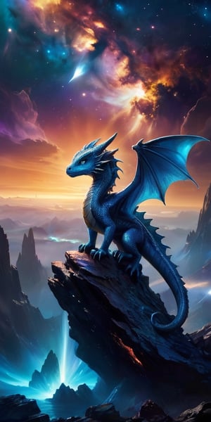 Celestial Guardians A baby dragon perches on a small asteroid, watching over a distant planet with an atmosphere filled with swirling auroras. Its scales are a deep, metallic blue, and its eyes reflect the planet's shimmering beauty.