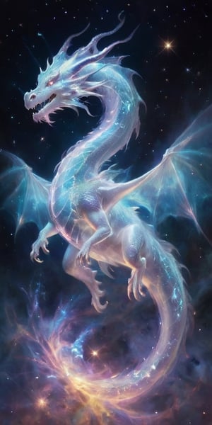 An ethereal dragon, translucent and shimmering like a ghostly apparition, its form outlined by the glow of distant stars. It soars through the void of space, leaving a trail of sparkling stardust in its wake, its eyes glowing with ancient wisdom as it navigates the cosmos.
