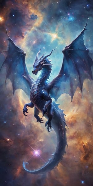 A massive dragon with shimmering scales of iridescent blue and silver, its wings spanning vast distances, gliding gracefully amidst a backdrop of swirling galaxies and twinkling stars. The dragon's eyes glow with the light of distant nebulae, and its breath creates beautiful trails of stardust behind it.
