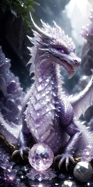 Illustrate a baby crystal dragon nestled within a bed of amethyst crystals. Render the scene in a soft, dreamlike style, with the dragon's scales shimmering in various shades of purple and lavender. Depict dewdrops forming on the crystal tips, sparkling like tiny diamonds, and let the dragon nuzzle playfully against a larger, warm amethyst.
 
, 