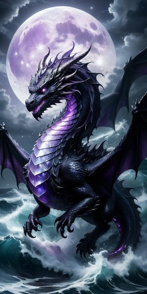 A dragon with shimmering amethyst scales gliding over a dark, turbulent sea. The moonlight catches on its scales, creating a dazzling display, while the turbulent waves and its fierce expression underscore its dangerous nature.
