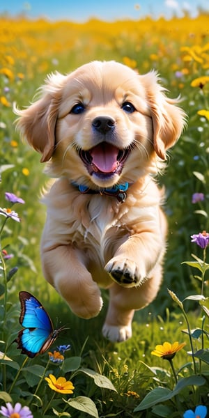 A fluffy golden retriever puppy, no bigger than a teacup, playfully chases a vibrant blue morpho butterfly through a field of wildflowers. The puppy's tongue lolls out in excitement, and its short legs pump as it bounces through the colorful meadow.
 
