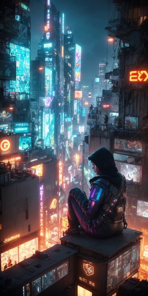 Gazing out at a cityscape bathed in the neon glow of holographic advertisements, a lone hacker sits perched on a rooftop. Her fingers dance across a holographic keyboard, her expression a mix of defiance and exhilaration as she cracks into the city's intricate digital infrastructure. In the shadows, she fights for freedom and justice in a world increasingly controlled by technology.
