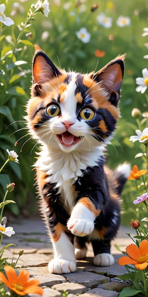 A playful scene of a calico kitten, its fur a patchwork of black, white, and orange, batting at a butterfly with its tiny paws. The butterfly, seemingly unfazed, flits around the kitten, leading it on a merry chase through a bed of blooming wildflowers. The image is a heartwarming portrayal of youthful curiosity and the joy of exploration.
