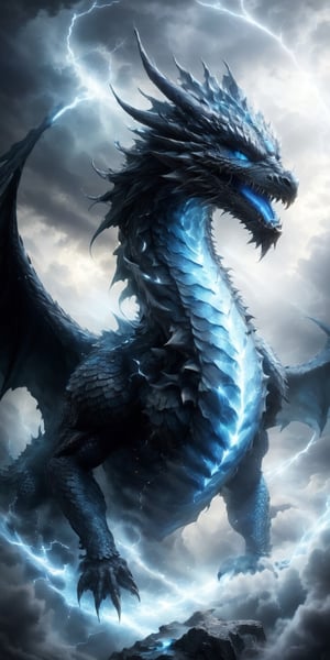 Create a close-up image of a baby storm dragon emerging from a swirling vortex of clouds. Capture the raw power of the scene with dark, stormy clouds swirling around the dragon's silhouette. Depict the dragon's eyes glowing with electric blue energy, and let streaks of lightning illuminate its sleek, charcoal gray scales.
