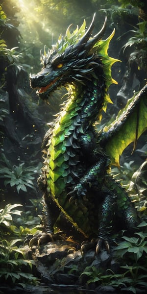 Craft a digital painting of a baby ebony dragon basking in the warm glow of sunlight. Give its scales a rich black color, accented with shimmering obsidian shards that catch the light. Depict sunlight filtering through lush foliage, casting dappled patterns on the dragon's back. Let the dark soil around the dragon be disturbed by tiny green sprouts pushing through, hinting at the fertile power the dragon possesses.
