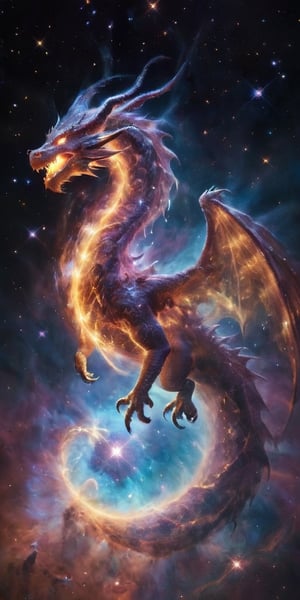 A cosmic dragon, its body a swirling vortex of stars and galaxies, with nebulae glowing softly within its translucent wings. It roars silently into the void, a beacon of majestic power and otherworldly beauty in the infinite expanse of space.
