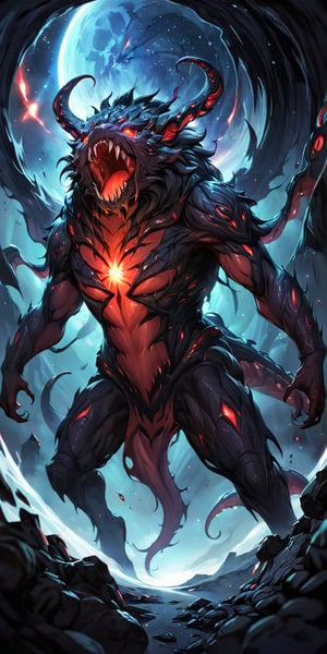 Gargantuan Alien Beast A terrifying alien monster with multiple tentacles, sharp teeth, and glowing red eyes, emerging from the dark abyss of space. The backdrop is a barren, desolate planet with distant stars shining coldly.
