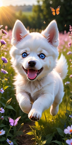 A Siberian husky puppy with piercing blue eyes and fluffy white fur, its playful energy boundless, bounds through a field of wildflowers, chasing a brightly colored butterfly. The puppy's pink tongue flops out in joyful exertion as it leaps and pounces, its soft fur catching the sunlight in a burst of white. The butterfly, with wings of vibrant orange and black, flits just out of reach, leading the energetic pup on a merry chase through the summer meadow.
