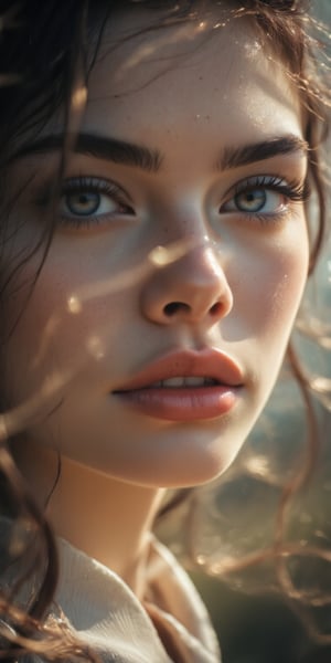 Close-up of a woman with effortless beauty, her hair flowing freely, no visible makeup, with her face lightly kissed by sunlight, creating a soft, ethereal glow, and a muted, blurred nature background.
