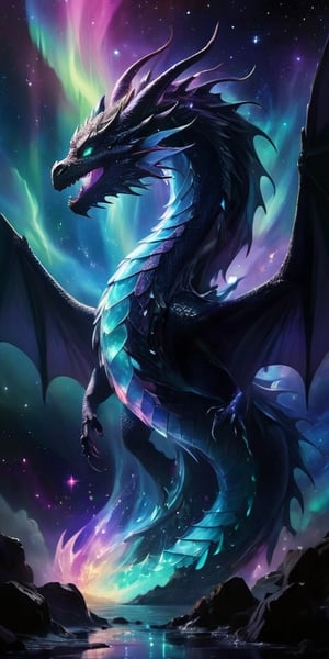 	10. A majestic dragon with scales that have the appearance of polished crystal, catching and refracting the light from nearby stars. Its wings are enormous and semi-transparent, filled with swirling patterns that resemble the aurora borealis. The dragon's eyes are deep pools of black, reflecting the infinite depths of space. It soars near the edge of an event horizon, with the intense gravitational pull distorting the light around it, creating a dramatic and surreal scene.
