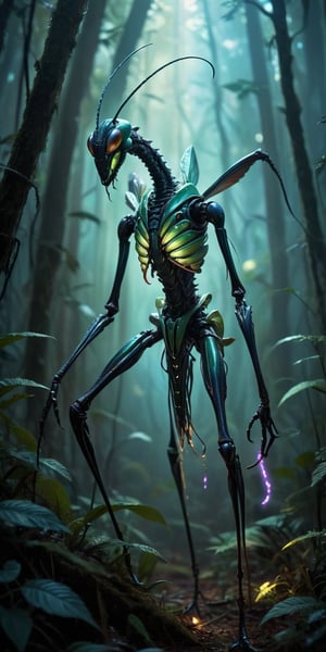 Lurking Fiend A spindly, insectoid creature with elongated limbs ending in sharp, blade-like claws. Its head resembles that of a praying mantis, but with multiple rows of needle-like teeth. Its exoskeleton is iridescent, shifting colors in the dim light. The scene is set in a dark, alien forest filled with glowing, bioluminescent plants.
