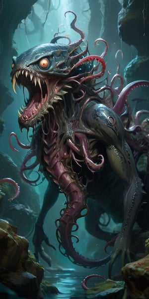 The Abyssal Devourer In the depths of a forgotten abyss, a monstrous entity lurks. It possesses a serpentine body that undulates sinuously, covered in slimy, translucent flesh. Its many eyes glow with a malevolent intelligence, and its gaping maw is lined with rows of needle-like teeth. Tentacles, each tipped with a bony barb, writhe around its form, ready to ensnare any who draw near.
