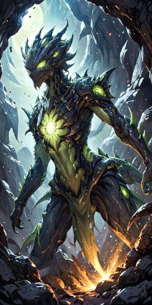 Galactic Terror A sinister alien creature with glowing green eyes, elongated limbs, and a body covered in spiky protrusions. It lurks within a dense asteroid field, waiting to ambush unsuspecting space travellers.
