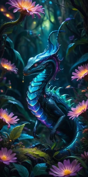 A colossal, serpentine creature with iridescent scales and glowing spines undulates through a field of bioluminescent flowers on an alien planet. Its forked tongue flickers as it samples the exotic flora, its bioluminescence pulsing in sync with the flowers' rhythmic glow.
