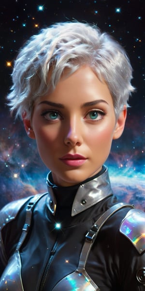 Cosmic Navigator A beautiful woman with short, silver hair and an air of confidence, clad in a sleek, minimalist spacesuit. She stands at the helm of a starship, with a large holographic map of the galaxy displayed before her and the stars glittering through the viewport.
