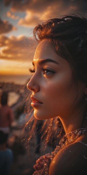 A close-up of a woman with natural grace, her face turned slightly to the side, her features highlighted by soft, warm light, and her hair softly braided, set against a blurred sunset scene.


