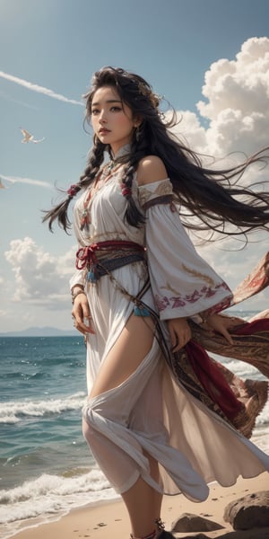 Whispers of the Wind An Indigenous woman with wind-streaked braids, adorned with feathers and beads, stands tall on a windswept cliff overlooking a vast ocean. The wind whispers through her hair, carrying the scent of salt and the secrets of the sea.
 
