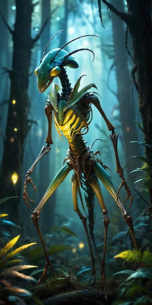 Lurking Fiend A spindly, insectoid creature with elongated limbs ending in sharp, blade-like claws. Its head resembles that of a praying mantis, but with multiple rows of needle-like teeth. Its exoskeleton is iridescent, shifting colors in the dim light. The scene is set in a dark, alien forest filled with glowing, bioluminescent plants.
