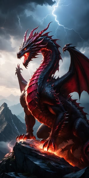 A colossal dragon with gleaming ruby scales perched on a mountain peak under a stormy sky. Lightning illuminates its menacing silhouette, highlighting the sharpness of its claws and the lethal grace in its powerful form.
