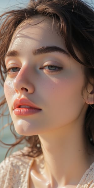 A simple, beautiful portrait of a woman with glowing skin, her face relaxed and framed by loose waves of hair, with soft ambient light falling across her face, and a light, pastel-colored background.


