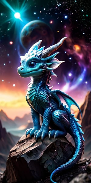 Celestial Guardians A baby dragon perches on a small asteroid, watching over a distant planet with an atmosphere filled with swirling auroras. Its scales are a deep, metallic blue, and its eyes reflect the planet's shimmering beauty.
