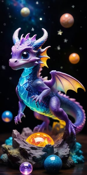 Galactic Playmate A baby dragon plays with a floating holographic projection of the solar system, swatting at the miniature planets and stars. The holographic lights cast a soft glow on its scales, making it look like a creature born of the stars themselves.