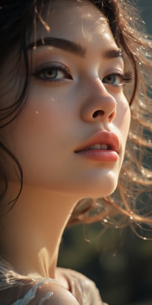 Close-up of a woman with effortless beauty, her hair flowing freely, no visible makeup, with her face lightly kissed by sunlight, creating a soft, ethereal glow, and a muted, blurred nature background.
