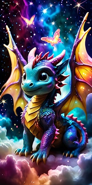 Playful Dragon in a Nebula A playful baby dragon with wings like butterfly wings made of stardust flies through a vibrant nebula. Its body glows with an ethereal light as it weaves through the colorful gas clouds and twinkling stars.