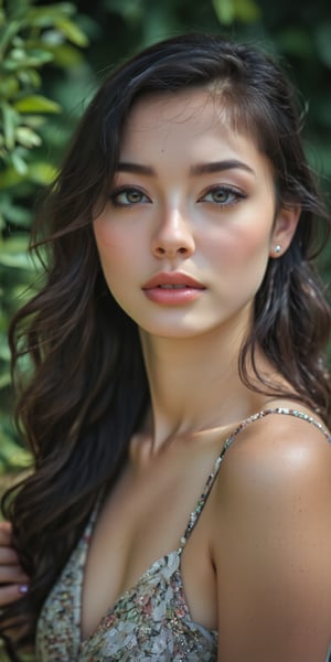 Portrait of a woman with delicate beauty, softly defined features, her long hair parted to the side, no makeup, and her expression calm and relaxed, the background a blur of green foliage.


