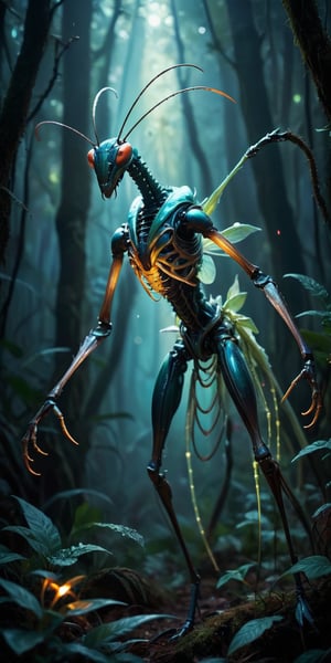 Lurking Fiend A spindly, insectoid creature with elongated limbs ending in sharp, blade-like claws. Its head resembles that of a praying mantis, but with multiple rows of needle-like teeth. Its exoskeleton is iridescent, shifting colors in the dim light. The scene is set in a dark, alien forest filled with glowing, bioluminescent plants.
