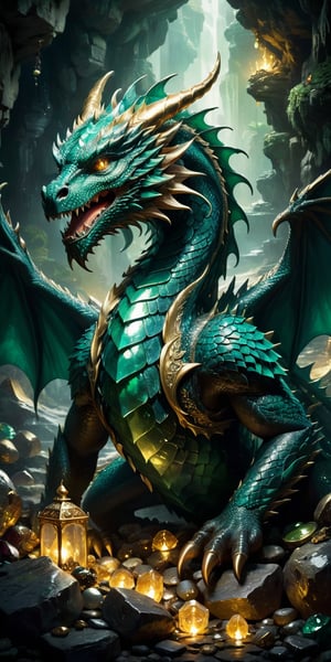 A majestic dragon with emerald-green scales lying protectively over a hoard of treasures in a dimly lit cavern. The gems and gold reflect its fierce beauty, while the shadows and flickering torchlight hint at the peril of approaching such a creature."
