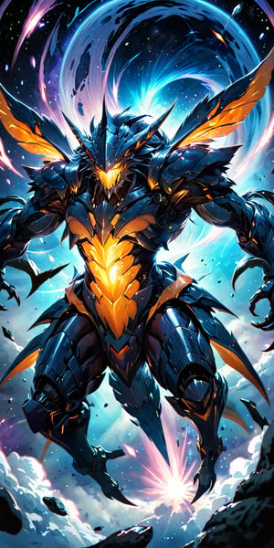 Intergalactic Predator A massive, insect-like alien creature with razor-sharp claws and an armoured exoskeleton. It hovers menacingly above a shattered spaceship wreckage, with a vast, swirling nebula in the background.
